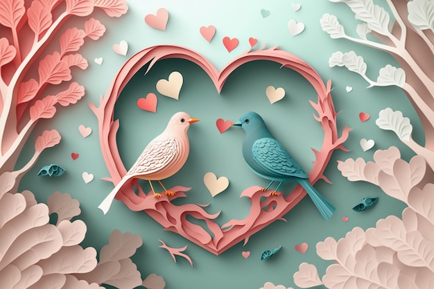 Deux oiseaux sur un cadre en forme de coeur