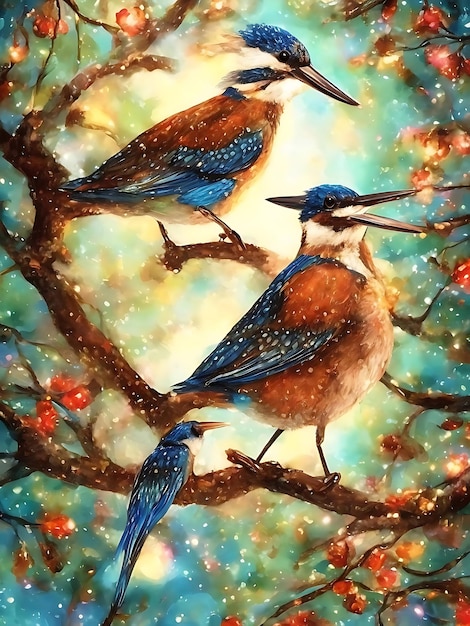 Deux oiseaux colorés assis sur la branche avec des fleurs magiques