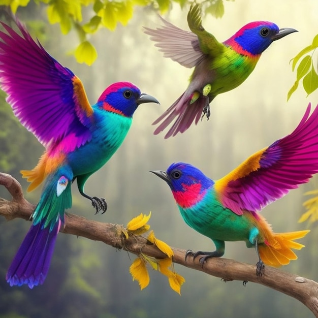 Deux oiseaux colorés sont assis sur une branche d'arbre.