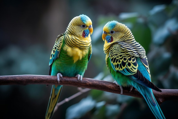 Deux oiseaux colorés sont assis sur une branche, dont l'un est bleu et jaune.