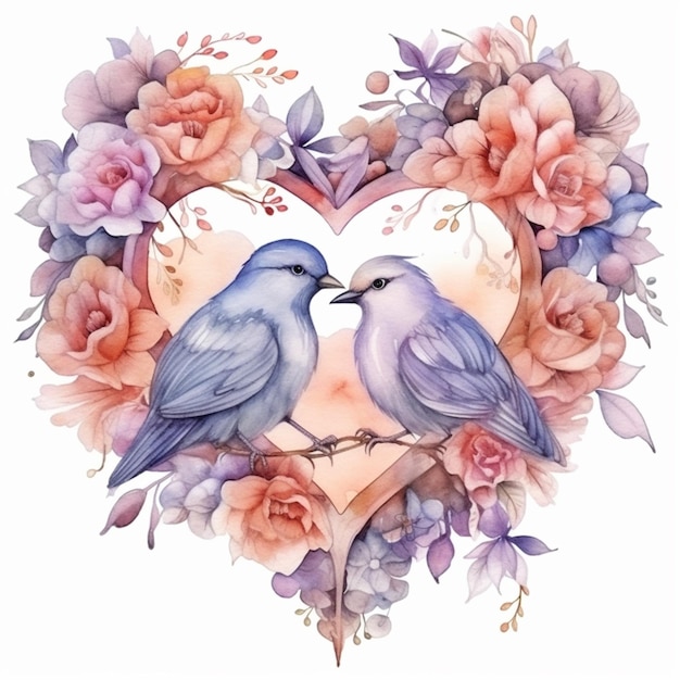 Deux oiseaux dans un coeur avec des fleurs