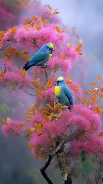 Deux oiseaux sur fond rose avec une fleur rose au premier plan