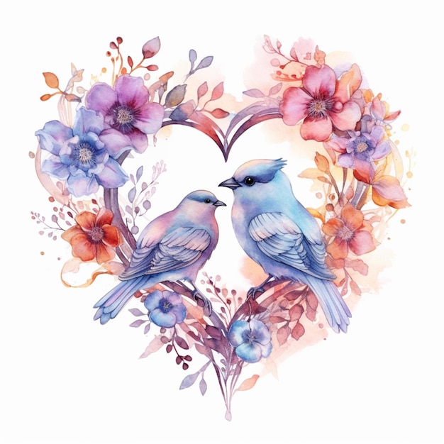 Deux oiseaux en forme de coeur avec des fleurs