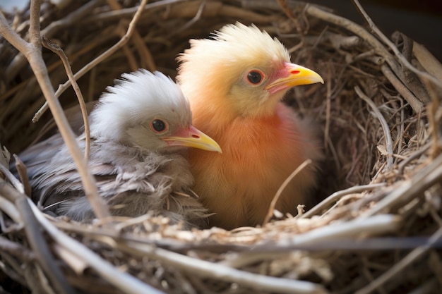 deux oiseaux à l'intérieur d'un nid avec des poussins créés avec un ai génératif