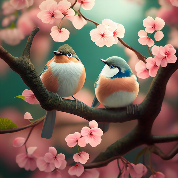 Deux oiseaux mignons perchés sur une branche d'arbre de fleurs de cerisier illustration de printemps