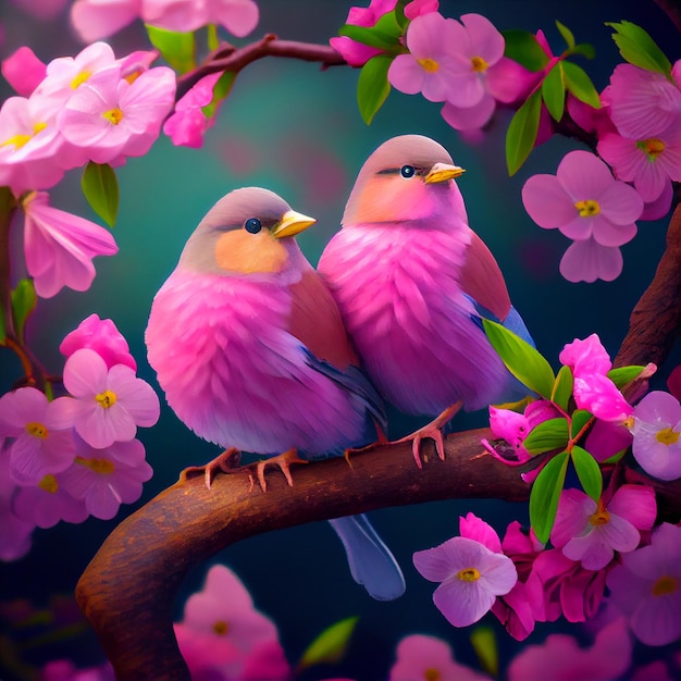 Deux oiseaux mignons perchés sur une branche d'arbre de fleurs de cerisier illustration de printemps