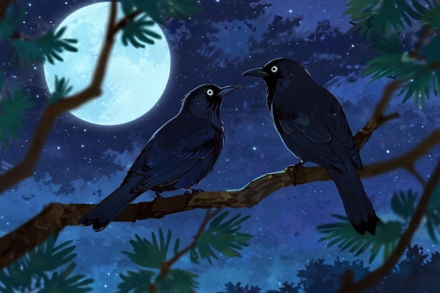 Deux oiseaux noirs assis dans les arbres et c'est la nuit et le clair de lune