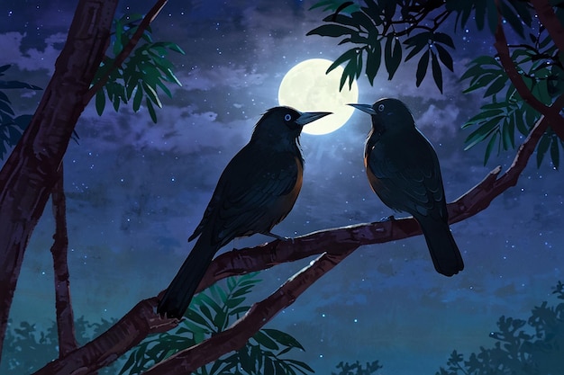 Deux oiseaux noirs assis dans les arbres et c'est la nuit et le clair de lune