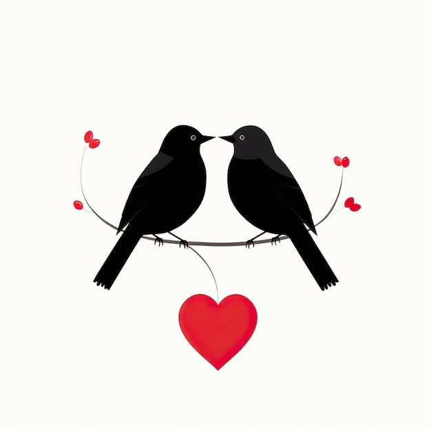 deux oiseaux noirs avec des cœurs sur leurs têtes sur un fond blanc dans le style minimaliste