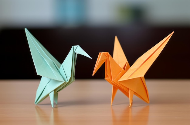 Photo deux oiseaux en origami sur la table