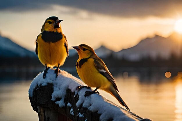 Deux oiseaux sur un rebord couvert de neige avec le coucher de soleil derrière eux