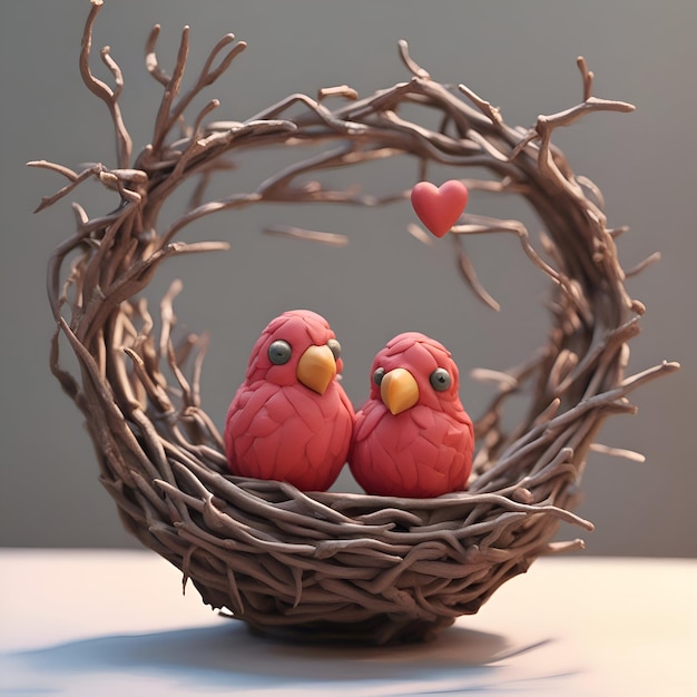Photo deux oiseaux rouges dans un nid avec un coeur sur fond gris