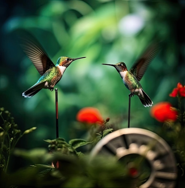 Photo deux oiseaux se tiennent sur un bâton avec des fleurs rouges en arrière-plan