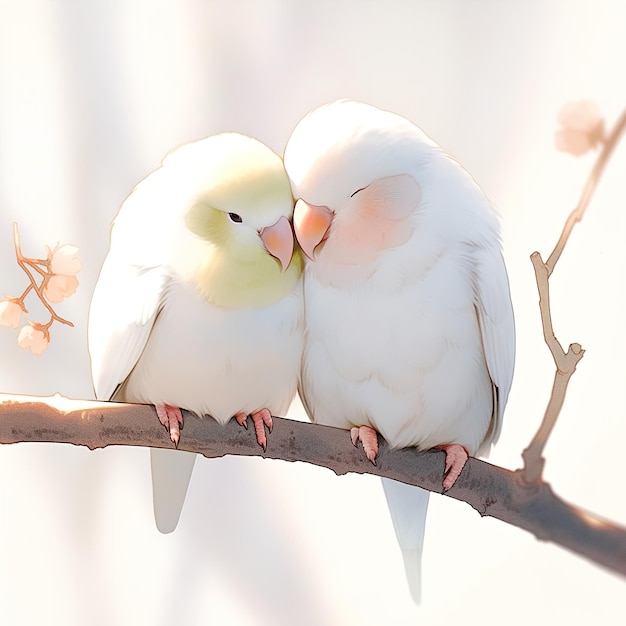deux oiseaux sont assis sur une branche avec l'un étant embrassé