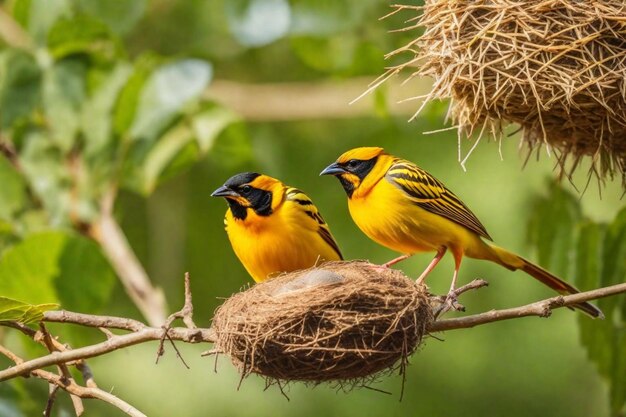 Photo deux oiseaux sont assis sur un nid avec un fond vert