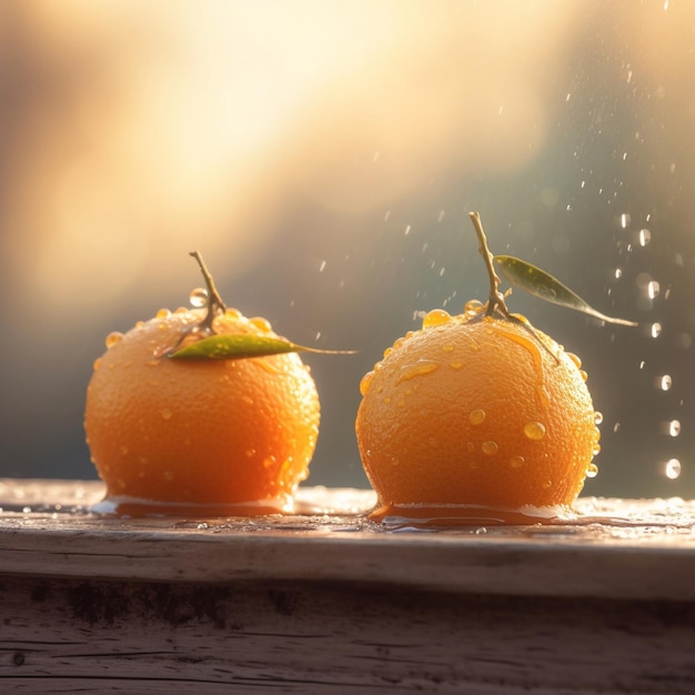 Deux oranges avec des feuilles dessus sont trempées dans l'eau.