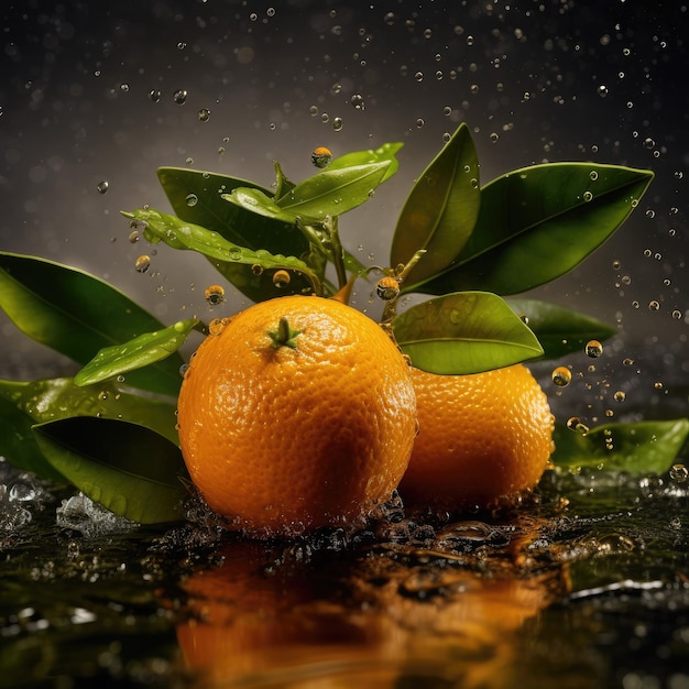 Deux oranges avec des feuilles et des feuilles sur une table avec des gouttelettes d'eau.