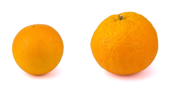 Deux oranges fraîches de différentes tailles et formes sont isolées sur un fond blanc pur avec des ombres douces.