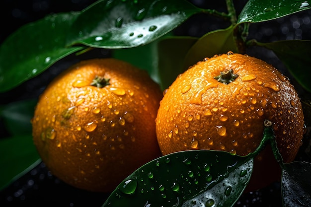 Deux oranges avec des gouttelettes d'eau sont assises sur un fond noir.