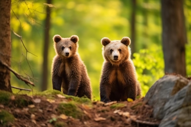 deux ours bruns debout dans les bois près d'une roche