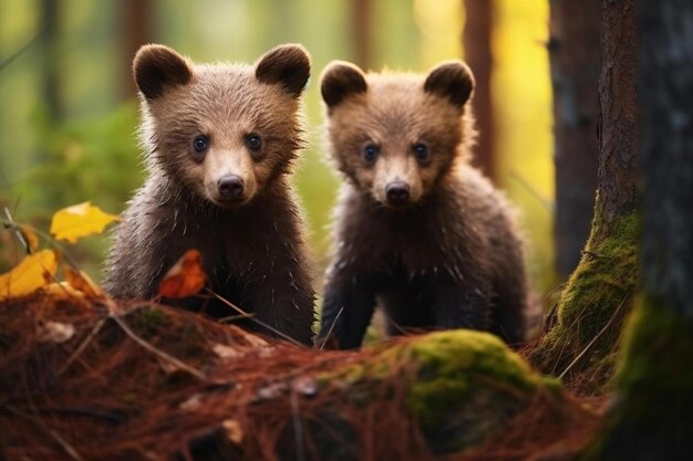 deux ours bruns se tiennent devant un arbre tombé