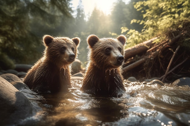 Deux ours dans une rivière avec le soleil qui brille sur eux