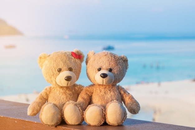 Deux ours en peluche assis vue sur la mer. Concept d&#39;amour et de relation Belle plage de sable