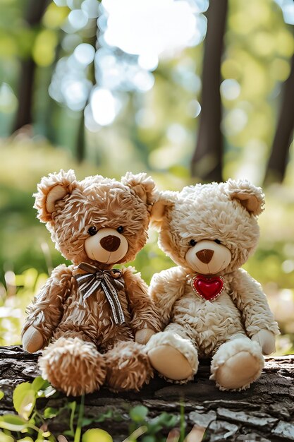 Deux ours en peluche avec un cœur sur le fond vert de la nature Bonne idée pour la Saint-Valentin