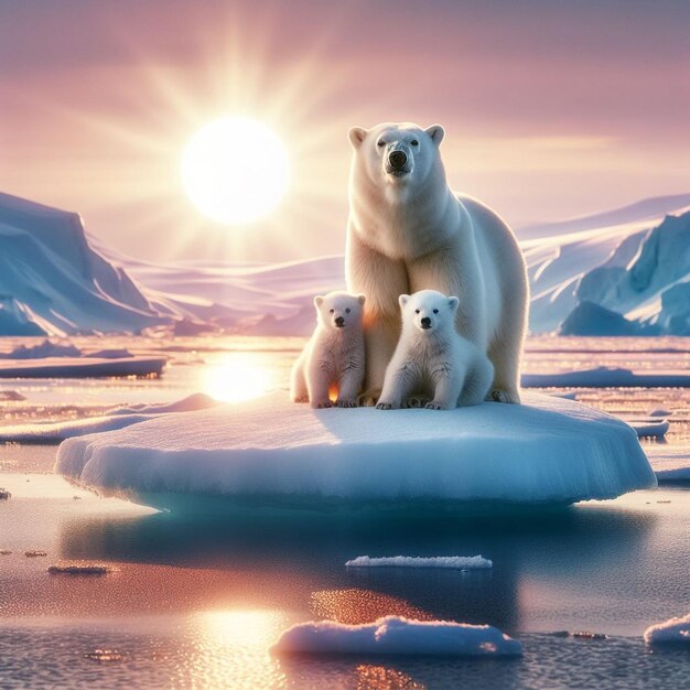 deux ours polaires sont sur un bloc de glace avec le soleil derrière eux