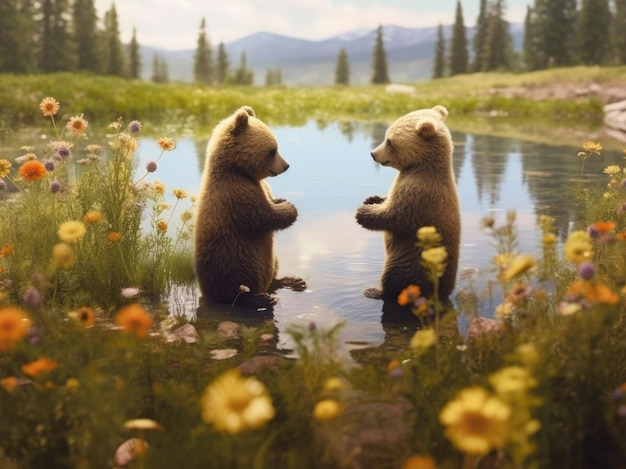 Deux oursons jouent ensemble dans un pré avec des fleurs et un lac