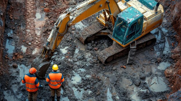 Deux ouvriers de la construction sur un chantier avec une excavatrice