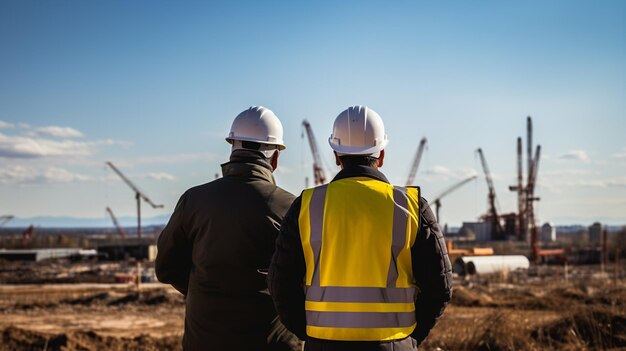 Photo deux ouvriers de la construction devant le chantier