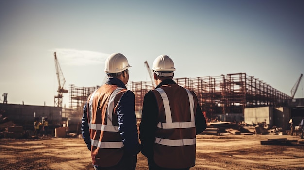 Photo deux ouvriers de la construction devant le chantier