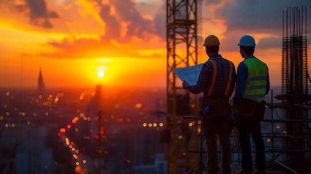 deux ouvriers de la construction se tiennent sur un chantier de construction et l'un d'eux regarde le coucher de soleil