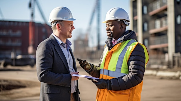 Deux ouvriers de la construction souriants se serrent la main sur un chantier de construction avec des machines lourdes en arrière-plan