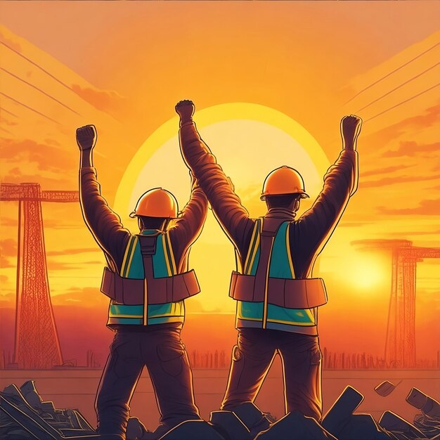 Deux ouvriers en gilets orange célèbrent la fête du travail à New York.
