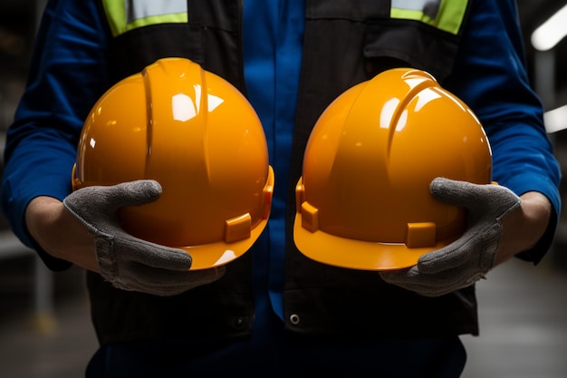 Deux ouvriers industriels anonymes sont montrés tenant de près des casques de protection.