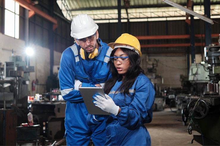 Photo deux ouvriers industriels en métallurgie avec une tablette dans une usine de fabrication