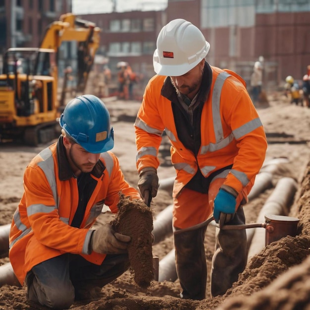 Photo deux ouvriers en vêtements de travail orange sur un chantier de construction