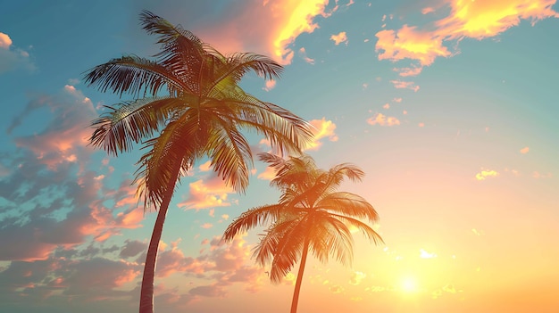 Deux palmiers contre un soleil couchant Le ciel est un gradient d'orange et de bleu avec des nuages blancs Les palmiers sont verts et luxuriants