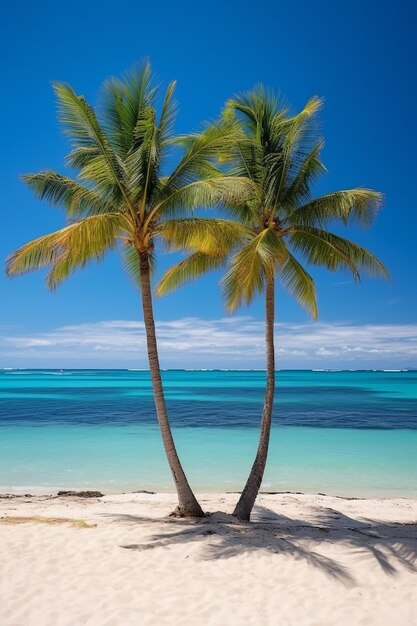 Deux palmiers sur une plage de sable blanc avec de l'eau de l'océan turquoise en arrière-plan