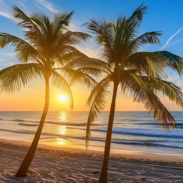 Deux palmiers sur une plage avec un soleil couchant en arrière-plan