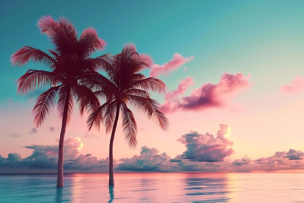 Deux palmiers roses se balancent doucement sur le coucher de soleil rose sur la plage.