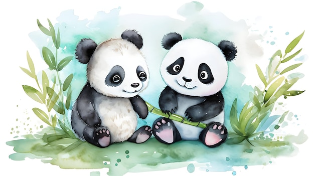 Deux pandas avec du bambou.