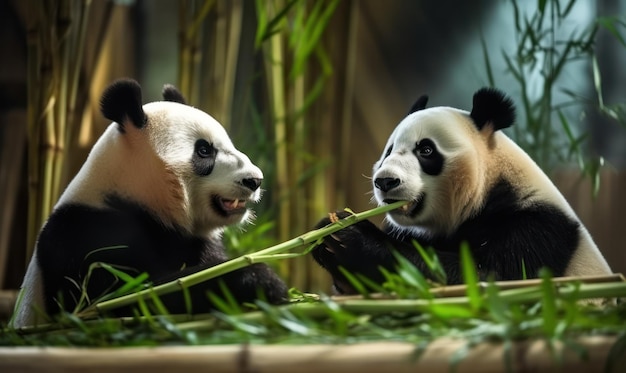 Deux pandas géants mangeant du bambou dans un zoo