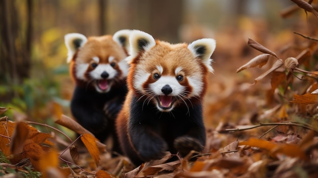 Deux pandas rouges marchent gracieusement à travers un tapis de feuilles d'automne colorées.