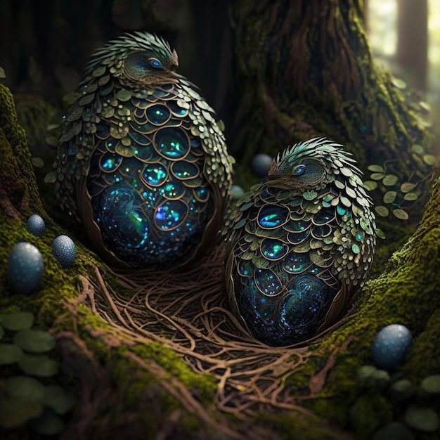 Deux paons sont assis sur un nid avec des œufs bleus.