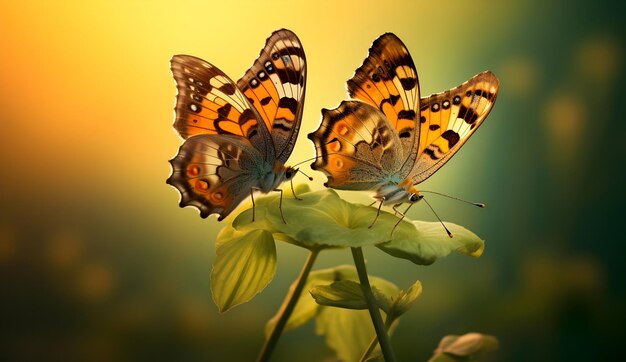 Photo deux papillons bruns et noirs sur une tige verte