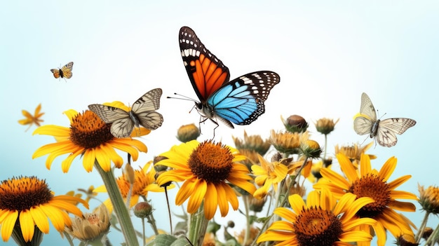 Deux papillons volant au-dessus d'un tournesol