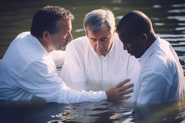 Deux pasteurs baptisent un homme au nom du Christ Baptême religion concept Generative AixA